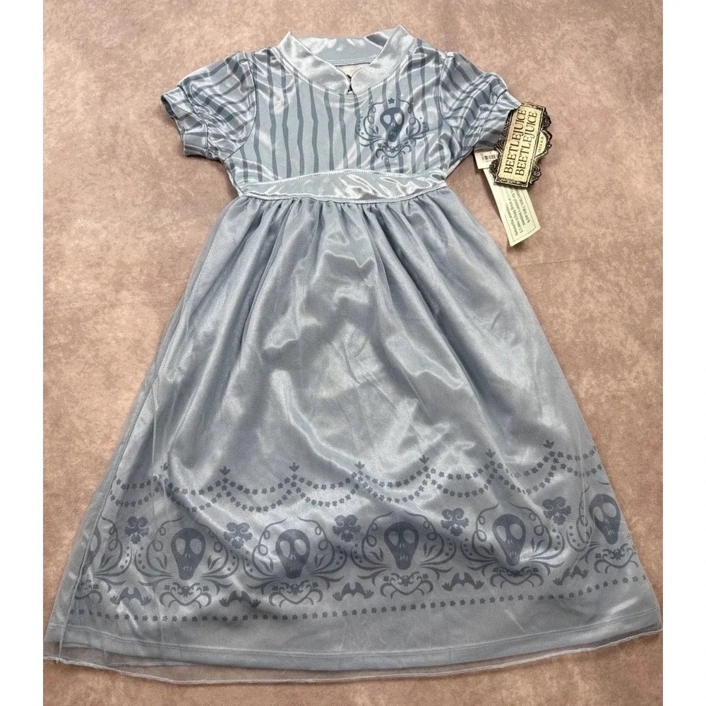 NWT Beetlejuice Nightgown Dress Up  Kids Girl's Sz Xs 4/5   Blue‎ Skull Print